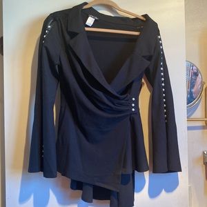 Black knit pearl embellished tunic top